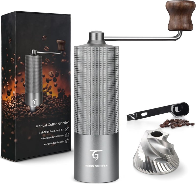 Sunya Manual Coffee Grinder with Stainless Steel Conical Burr. Aluminum Shell Hand Coffee Bean Mill with Adjustable Settings. Coffee Recipes Booklet Included (MCG-02 Gray) - Image 1